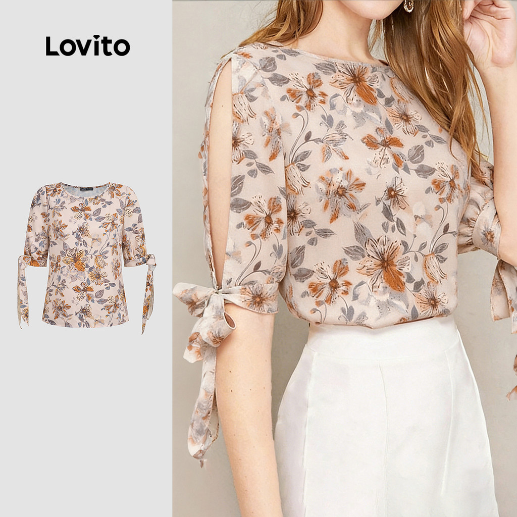Lovito Casual Blusa Laço Padrão Vazado Blusa Primavera/verão para mulheres L190E