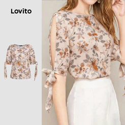 Lovito Casual Blusa Laço Padrão Vazado Blusa Primavera/verão para mulheres L190ED005