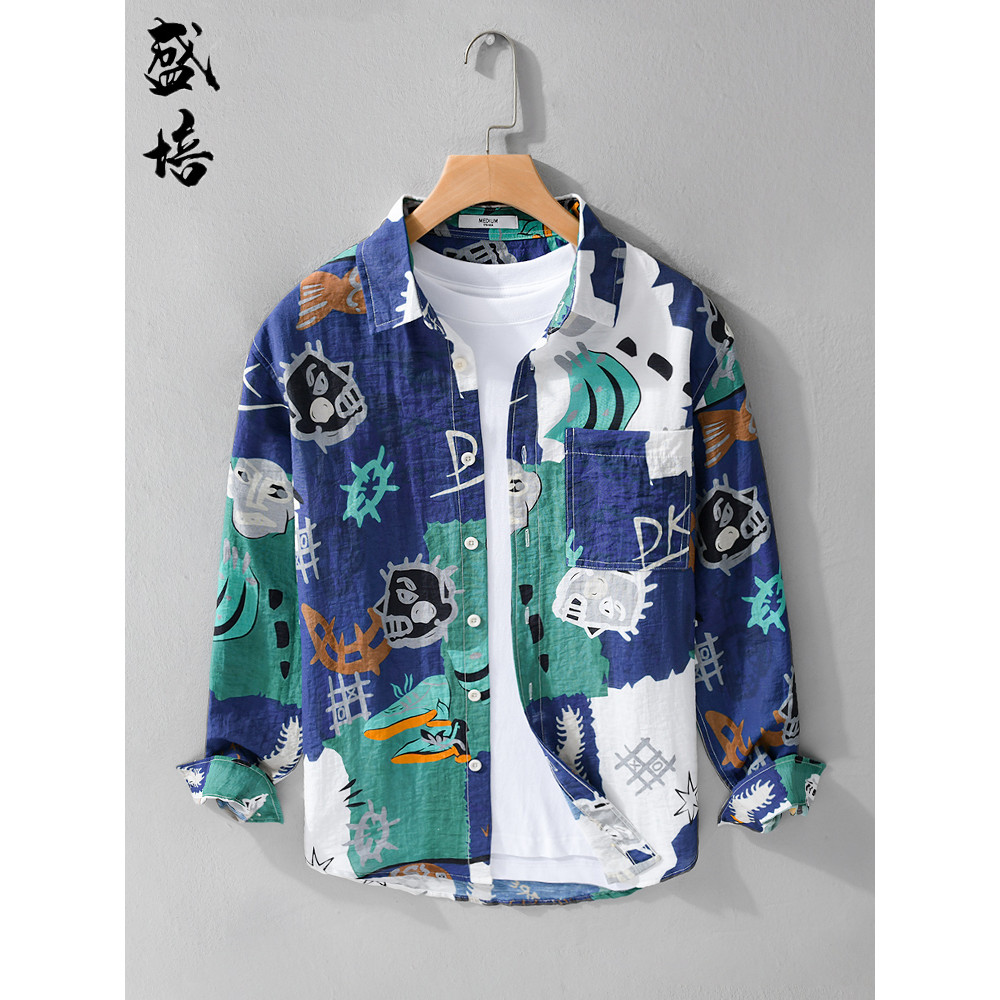 Verão impresso camisa de manga comprida masculina High-End linho Casual polegada camisa nicho Street Wear camisa masculi