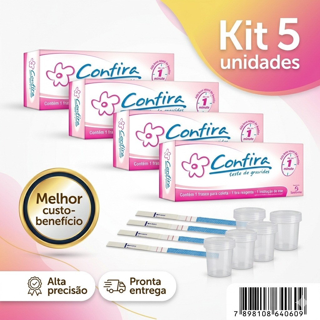 Kit 5 Testes de Gravidez Confira Sanfarma Tira Rápido 1 Minuto Alta Precisão Melhor Custo Benefício