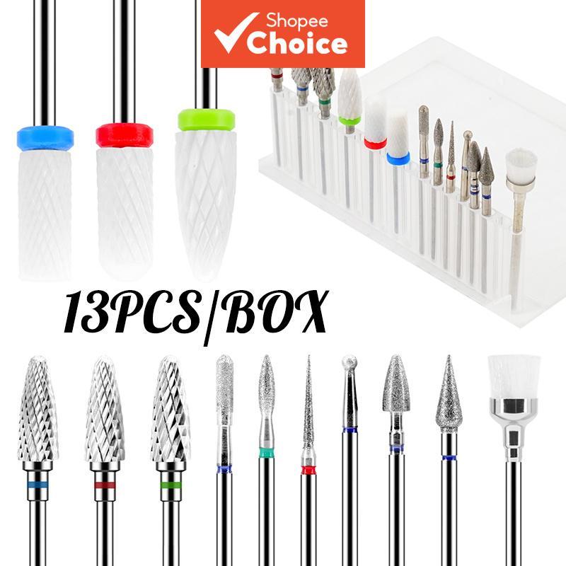  Kit-13PCS/Caixa Profissional Broca de Unha de Diamante Cerâmico, Cabeça de polimento de unhas, Fresa para desbaste de