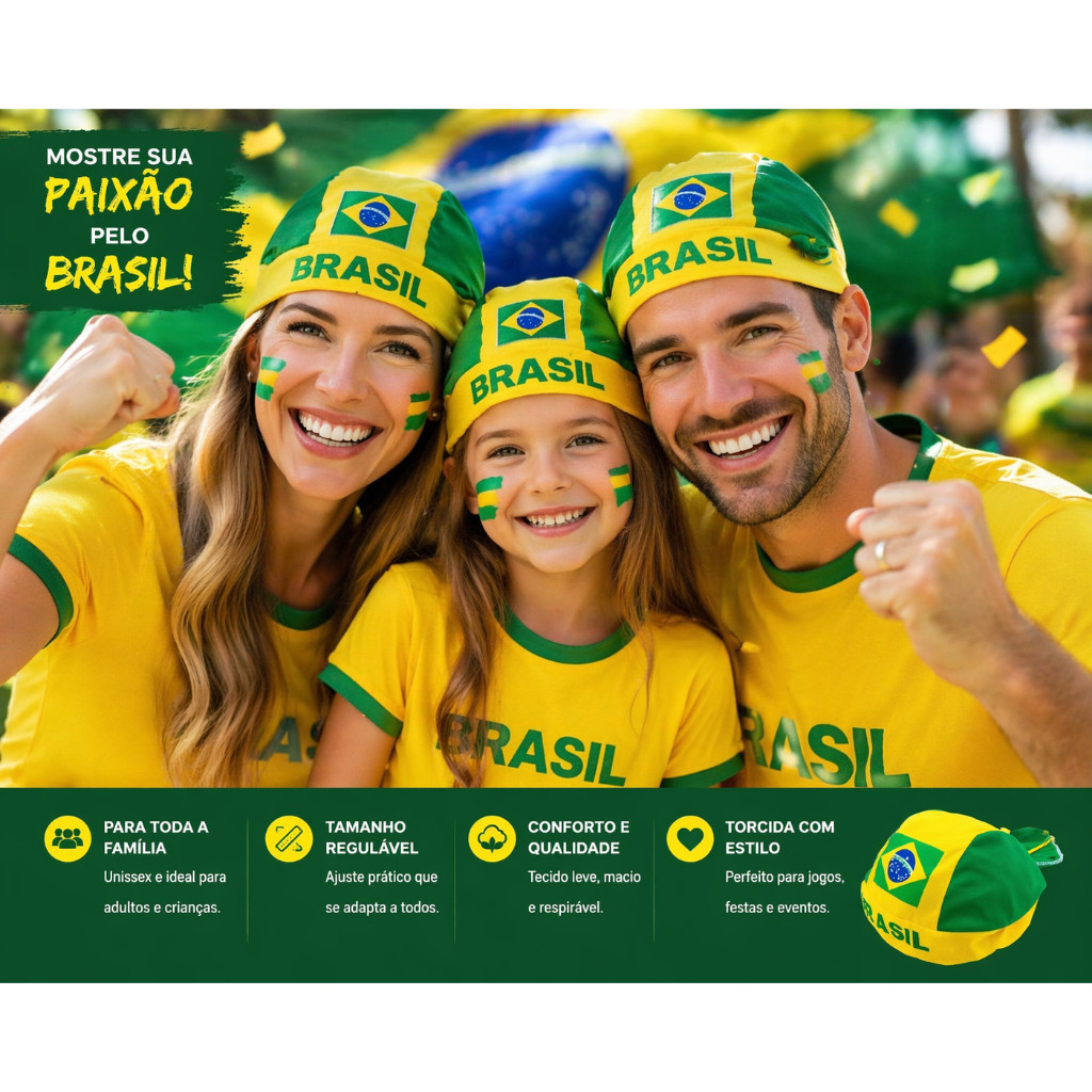 Gorro Bandana Brasil Unissex Ajustável Torcedor Copa Verde Amarelo Adulto Infantil