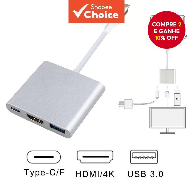  Hub USB C 3 em 1 com HDMI 4K compatível OTG PD Adaptador para MacBook