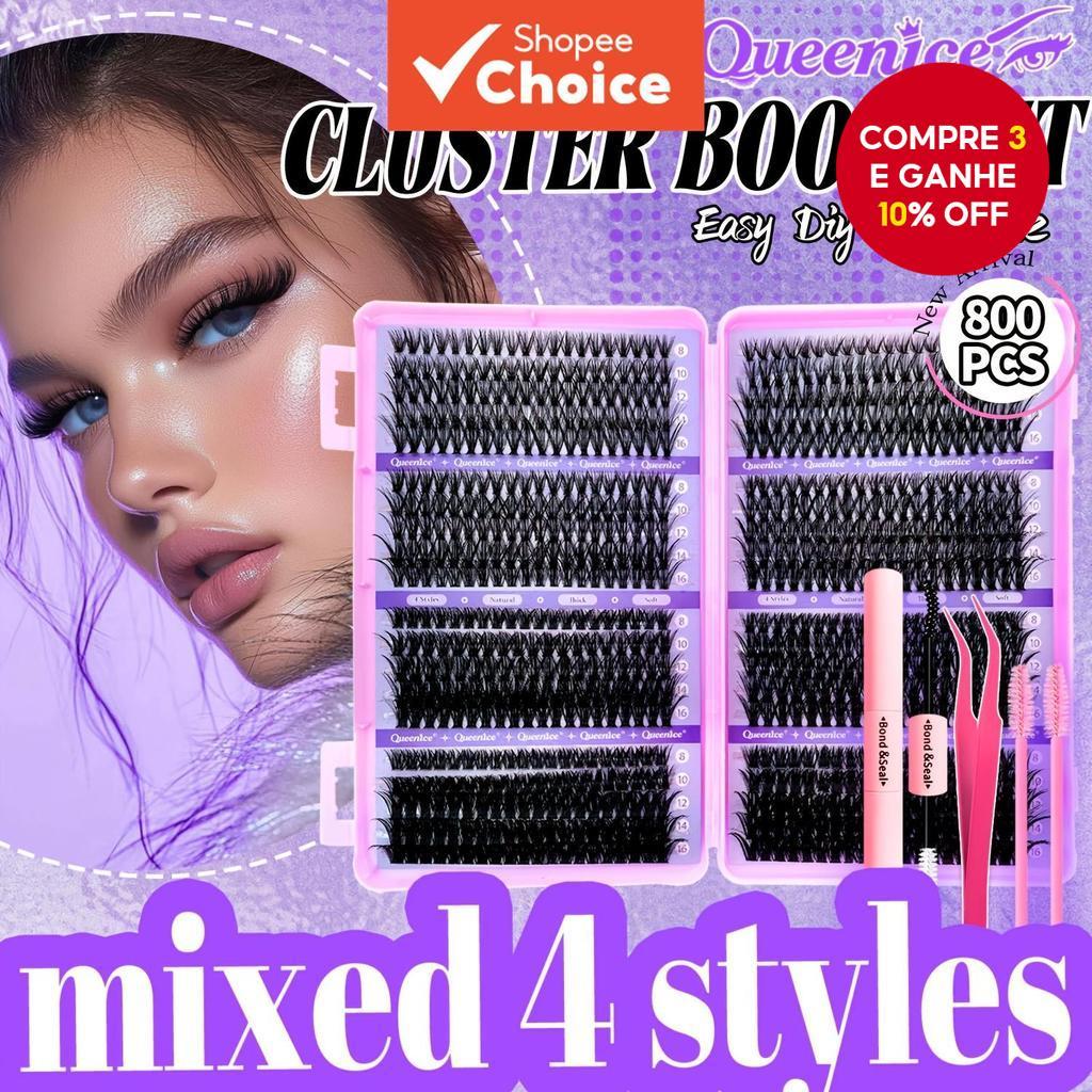  QUEENICE 800pcs Conjunto de Cílios: Clusters Multiestilo (Fada/Espigado/Manga/Olho de Gato/Curvado Russo), Espessos e