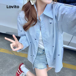Lovito Blusa Casual lazer simples outono/inverno blusa azul para mulheres LK3AD055