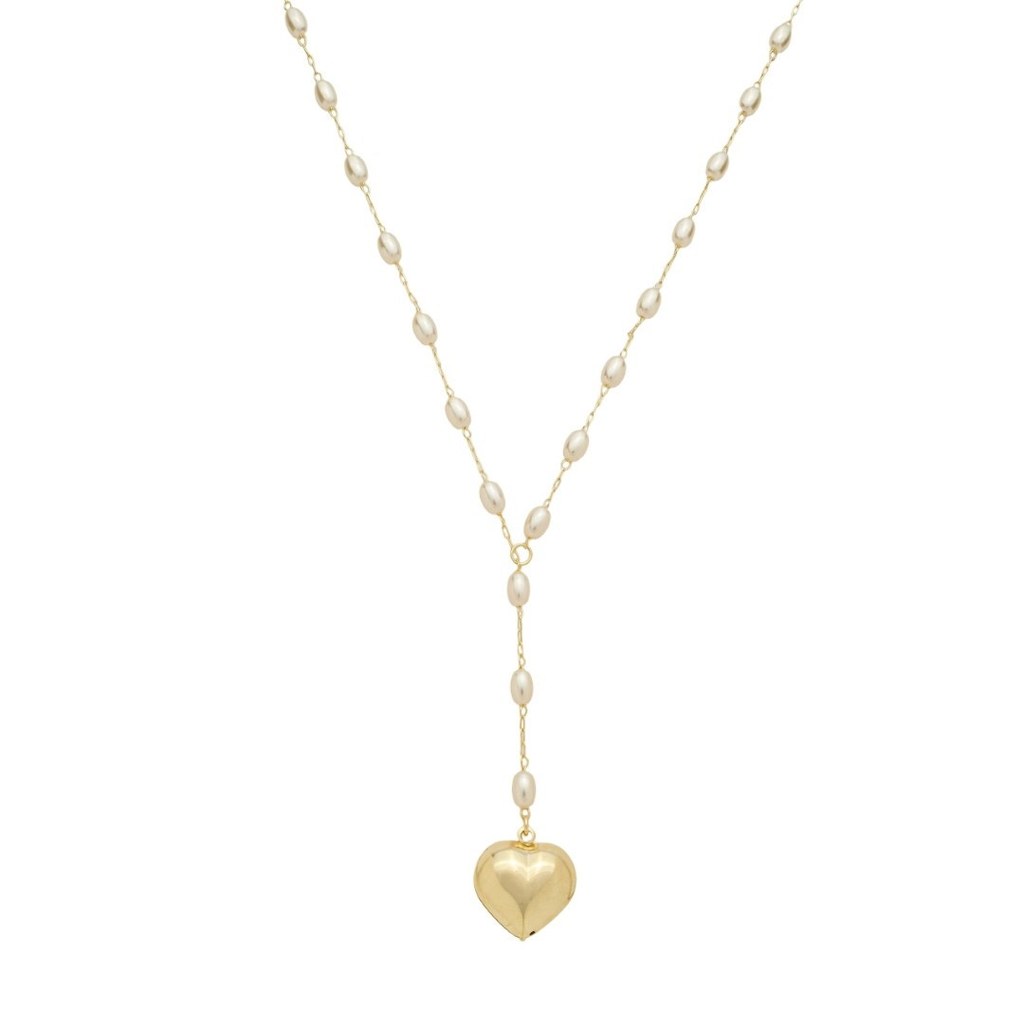 COLAR DE PÉROLAS CECÍLIA PINGENTE CORAÇÃO FOLHEADO A OURO 18K