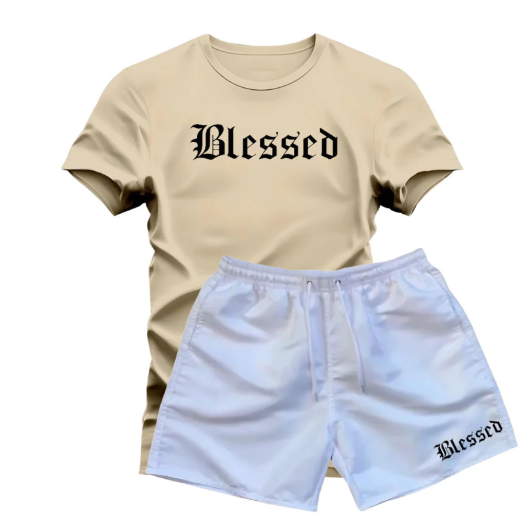 Kit Camiseta + Short Tectel BLESSED Conjunto Camisa 100% Algodão Bermuda Tactel em Varias Cores