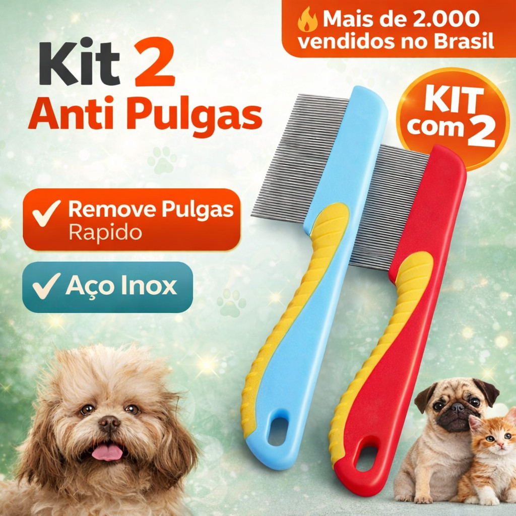 Kit 2 Pentes Anti Pulgas Cães Gatos Aço Inox Dentes Finos Remove Pulgas Envio Imediato