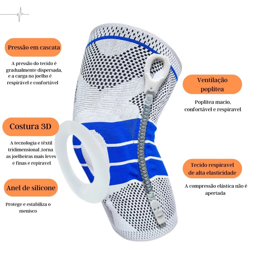 Joelheira Compressão Flexivel 3D Ortopedica Esportiva Anel e Haste Flexivel 3D Treino Alívio Dor Joelho