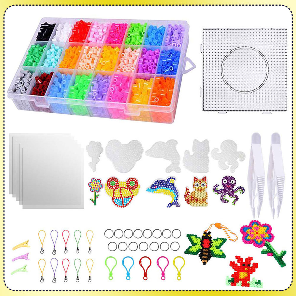 Kit Hama Beads 5mm 7300 Peças 24 Cores Caixinha + Pegboard +Pinça + Papel + Pinça + Guia