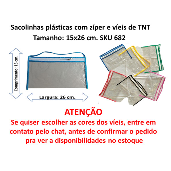 Organizador tipo necessarie - Sacolinhas plásticas Transp. p/aniversários e utilidades c/zíper e viés - 26x15 cm. 682