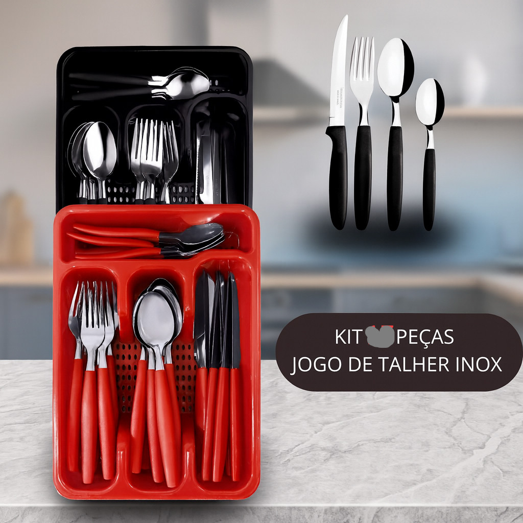 Jogo De Talheres Inox Com 16 Peças + 1 Suporte Gaveteiro Bosco.Loja