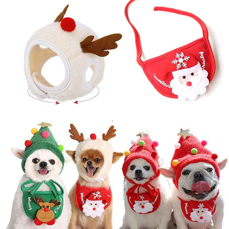 Pet Costume De Natal Chapéu Do Cão Bandana Set Cachecol Triângulo Babadores Lenço Reindeer De Papai Noel Headbands E Bib