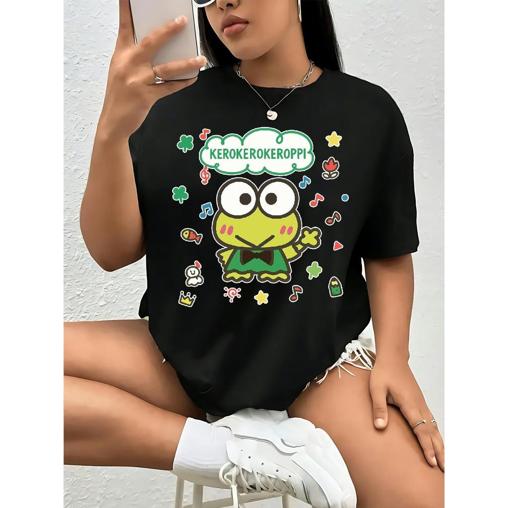 BR.Moonlight Camiseta Feminina Plus Size Sanrio Keroppi Design Colorido Confortável Divertida Leve Primavera Verão
