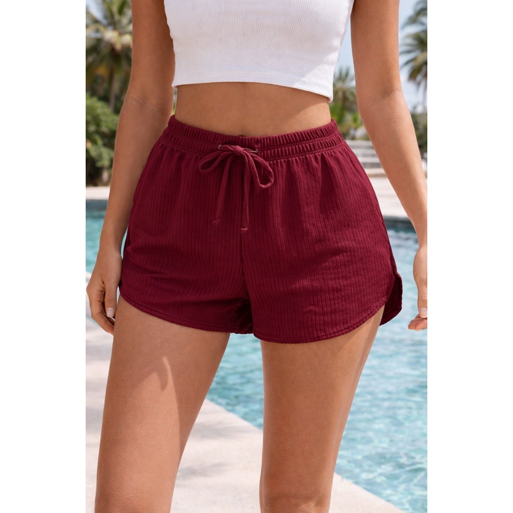 short feminino canelado com elastano detalhe laço frente lançamento