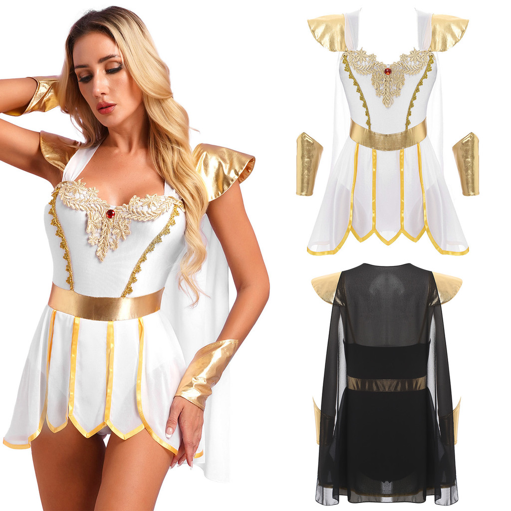 Yeahdor Feminino Antigo Romano Bodysuit Toga Trajes Integrado Capa Pétala Saia Com Pulseiras Metálicas Para Halloween Ve