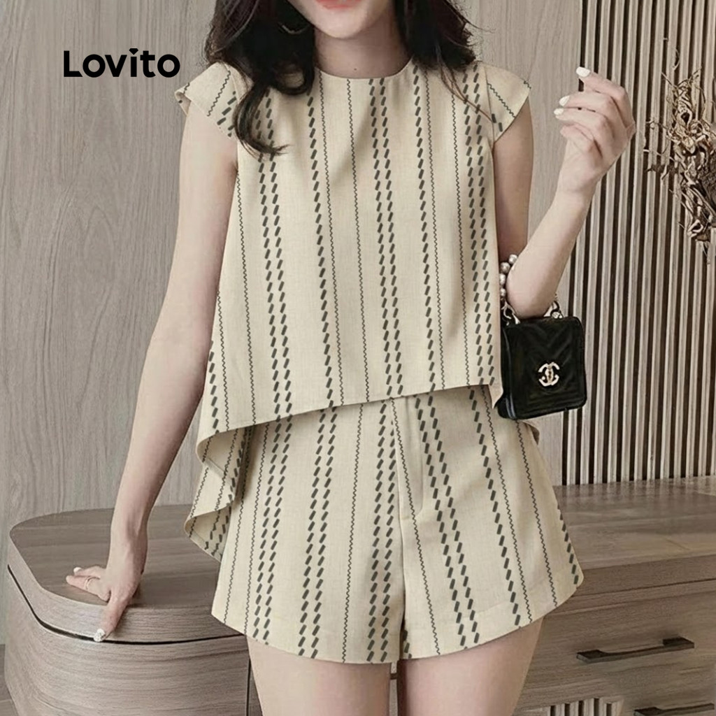 Lovito Conjuntos de shorts de shorts cáqui de primavera/verão altos e baixos para mulheres LK3ED678 em Oferta na Shopee