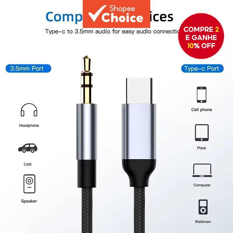 Cabo Adaptador Tipo C para 3.5mm Áudio Aux para Smartphone, Fone de Ouvido e Som de Carro em Oferta na Shopee