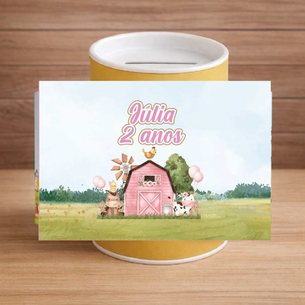 Rótulo adesivo Couche para Cofrinho  Personalizado Lembrancinha  Aniversário, Brinde Fazendinha rosa menina aquarela