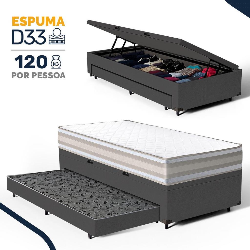 Cama Box Baú com Colchão de Espuma D33 Double Face Territory Hellen + Auxiliar Solteiro 88cm
