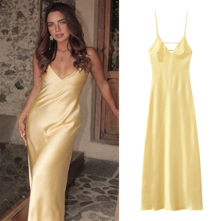 Vestido Camisola Estilo Francês Em Cetim De Seda Sem Mangas Comprimento Midi 202604