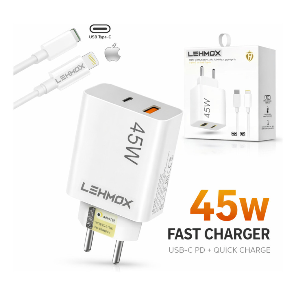 Carregador Turbo 45W USB C Para Apple Iphone 11 12 13 14 Pro Max Airpods Ipad Fonte Power Carga Rápida