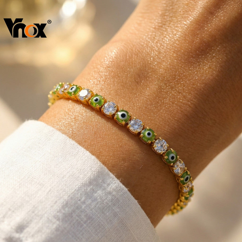 Vnox Ouro Mau Olhado Zircão Pulseira De Tênis Cúbico Para Mulheres Homens Amuleto Proteção Boa Sorte Minimalista Elo De