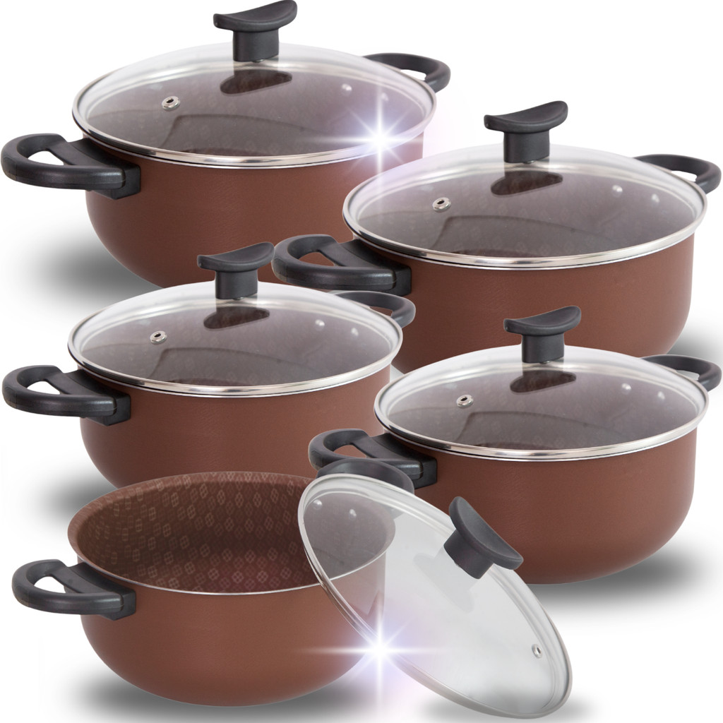 Jogo de Panelas Caçarolas 5 Peças Chocolate  Antiaderente Teflon Panelas Grande