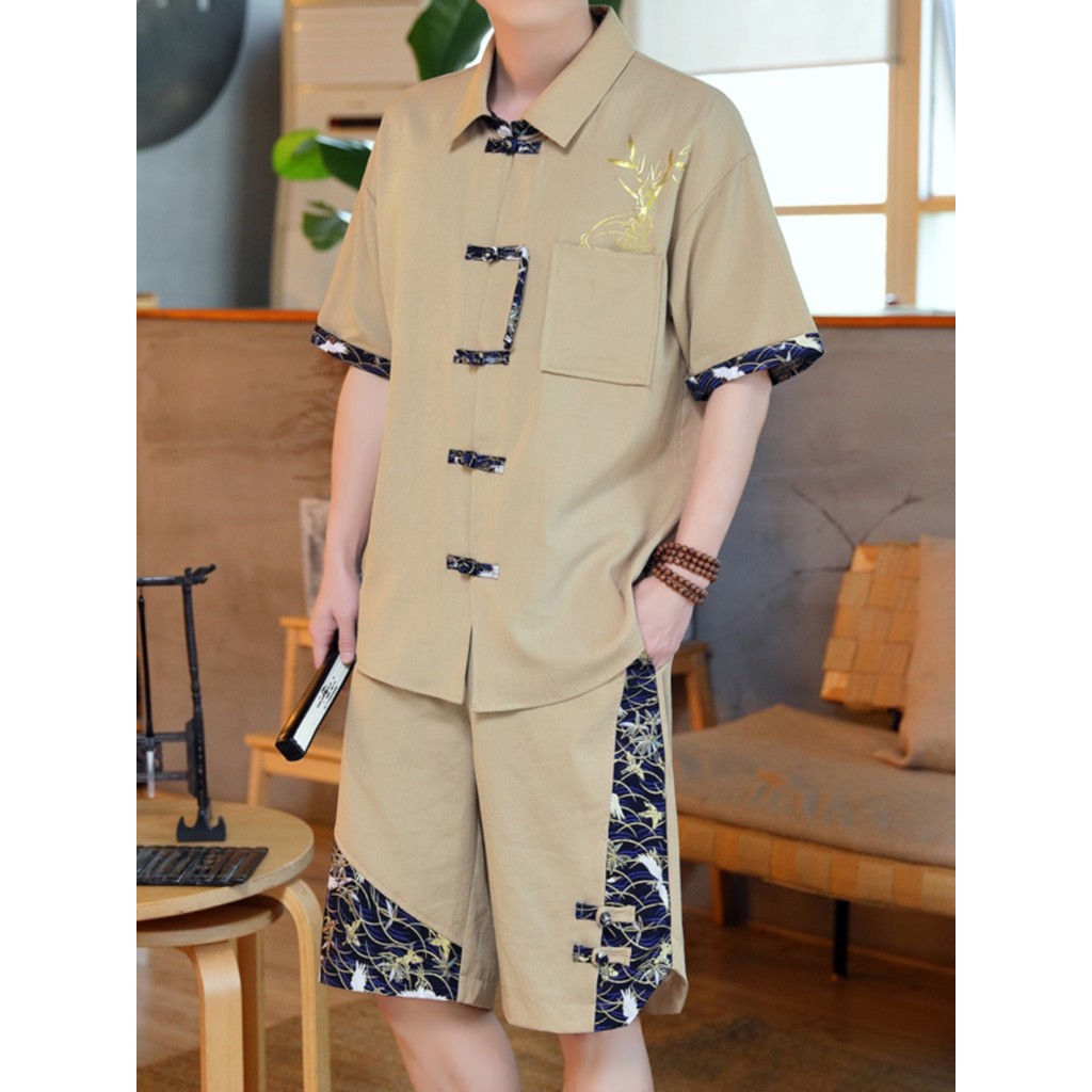 T Tang terno masculino verão meia manga terno masculino estilo Retro estilo chinês roupas masculinas budista Hanfu manga
