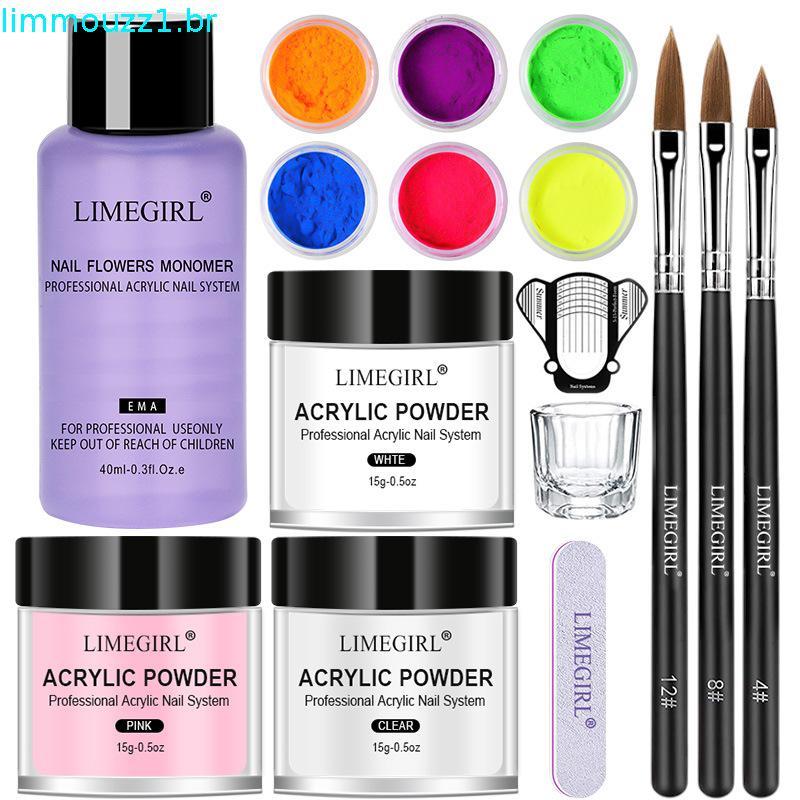 LIMEGIRL Kit De Pó Acrílico E Líquido Para Unhas , Sem Necessidade De Lâmpada UV , Conjunto De Extensão De Cristal Trans