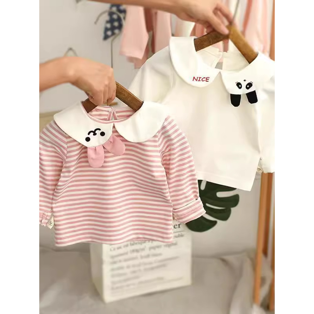 Meninas bebê camisa de fundo primavera bebê crianças roupas outono crianças gola boneca manga longa listrado camiseta to