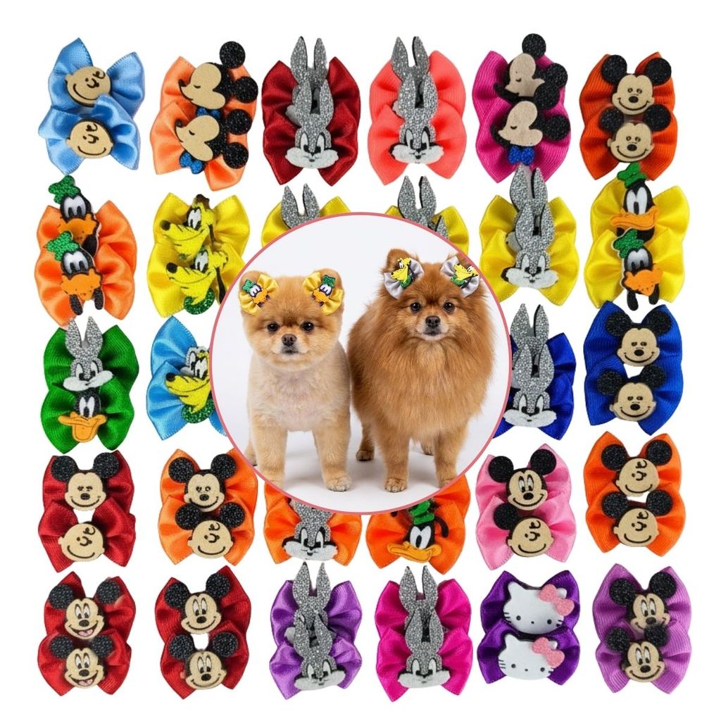 30 Laços Topete de Cetim Para Pet Pequenos e Médios. Personagens Variados Pet Shop Banho e Tosa Preço Atacado