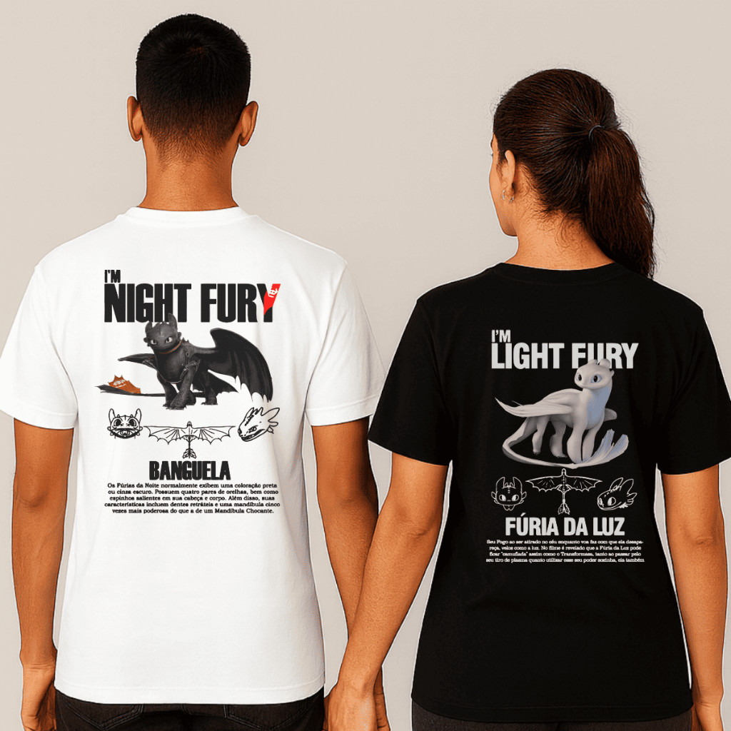Conjunto Kit Par de Camisetas Casal Combinadas Modelo: "Banguela e Furia da Luz" Promoção Especial