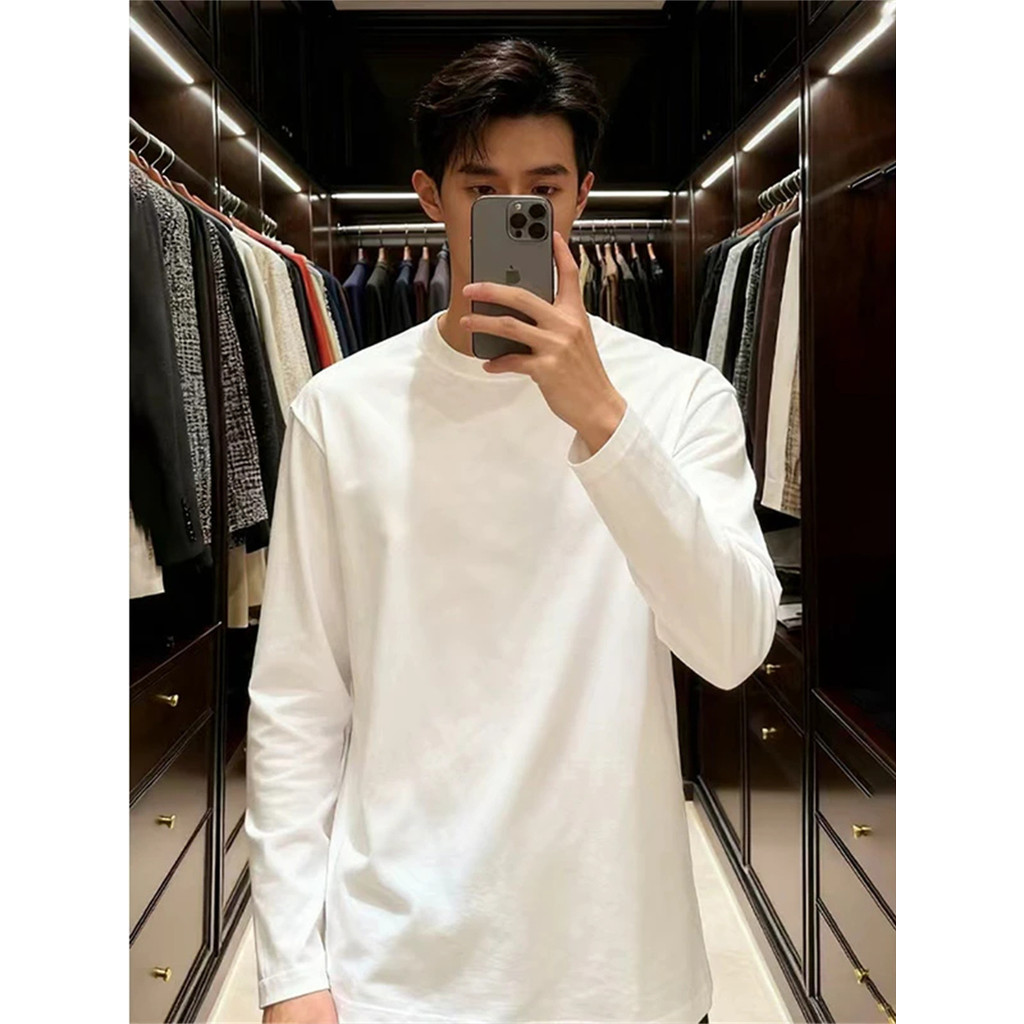 Branco cleanfit pequeno decote de manga comprida camiseta masculina primavera outono estilo americano Formal ombro molet