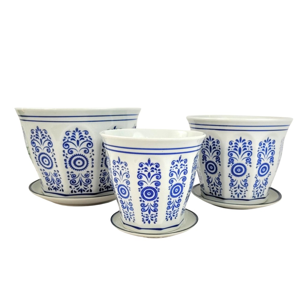Vaso Decorativo Cachepot Azul E Branco Porcelana 3pç Zibo