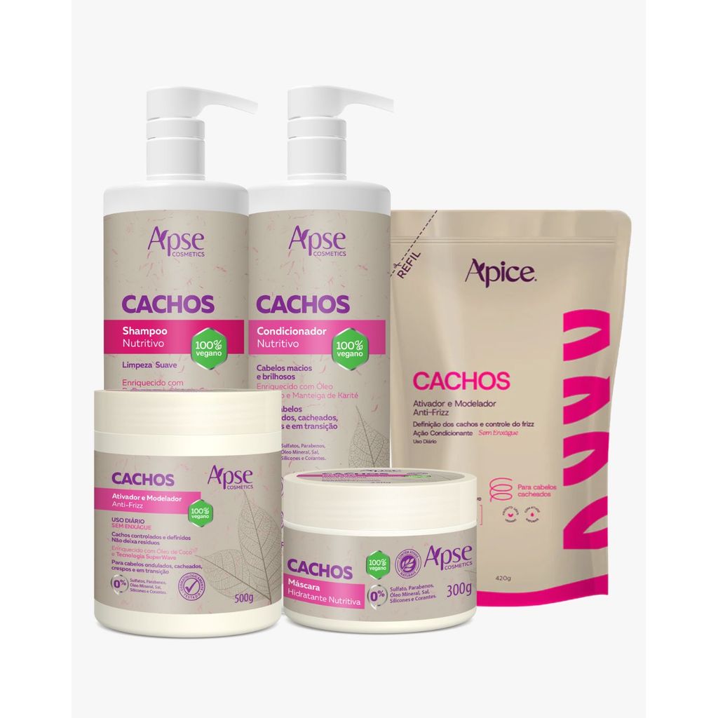 Kit Shampoo, Condicionador 1L, Máscara, Ativador e Refil Ativador Cachos Apice