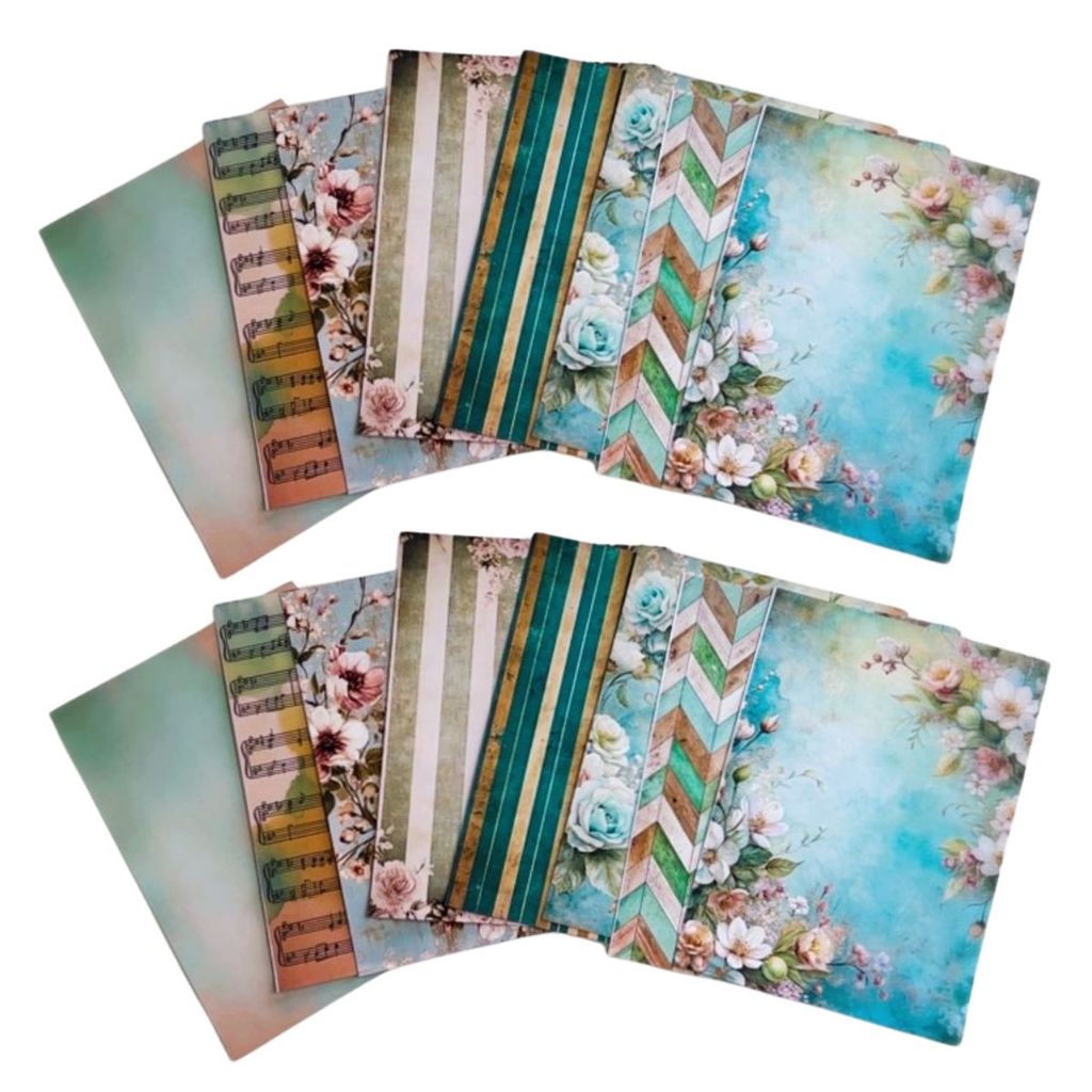 Kit Colagens Adesivos A5 16 Papeis Decorados Vintage Green Scrapbook Biblia Journal