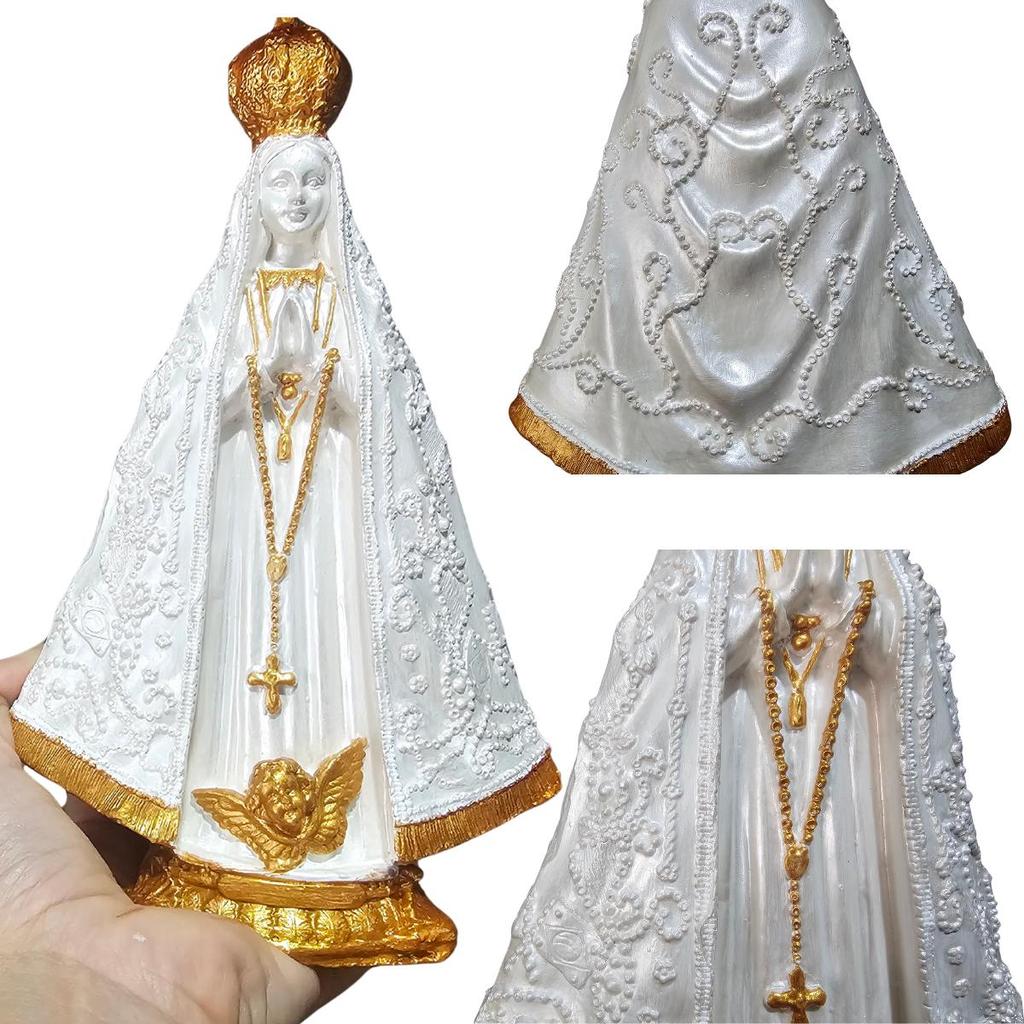 Nossa Senhora Aparecida 20cm Branco Perolado Dourado Basílica Imagem Gesso Artesanal Linda