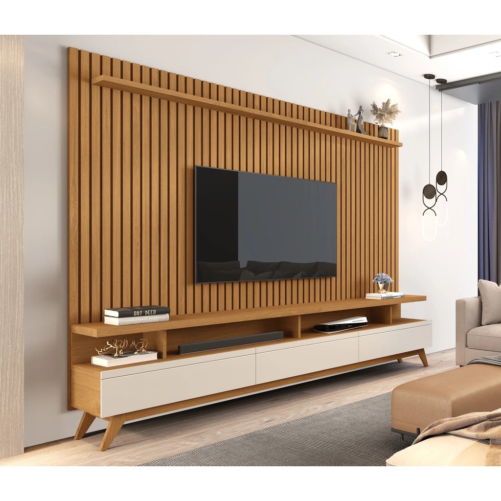 Rack com Painel Ripado para Tv 86 Polegadas Pés em Madeira Maciça Vivare Nature/Off White em Oferta na Shopee