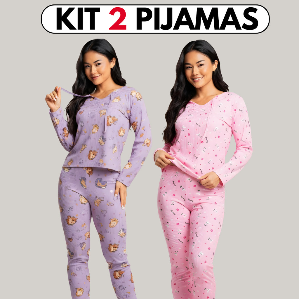 Kit 2 Pijamas Inverno Frio Feminino Manga Longa Canelado Estampado