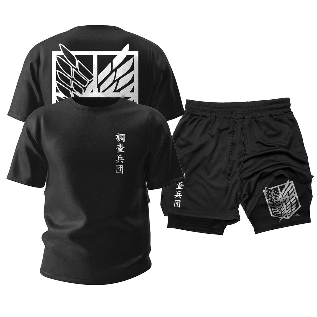 Camiseta e Short 2 em 1 Attack On Titan Kit Top Lançamento Short Duplo Dry Fit em Oferta na Shopee