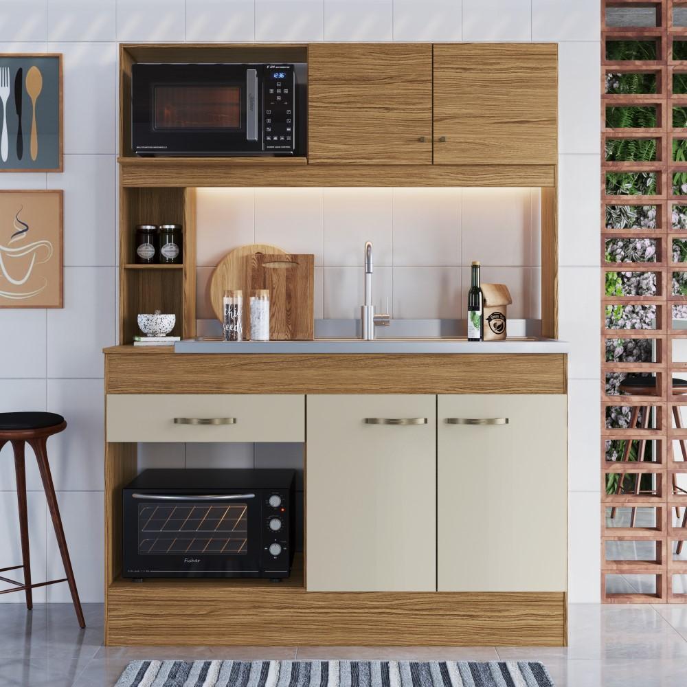 Armário de Cozinha Compacta 4 Portas 1 Gaveta Zeta AC7072 140cm Naturalle/Cristalo - Decibal Móveis em Oferta na Shopee