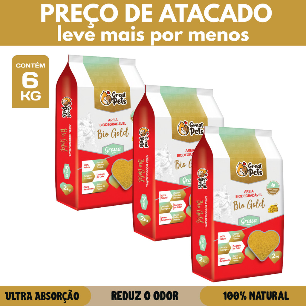Kit Atacado Areia de Gato Biodegradável Great Pets Gold Grossa 6kg