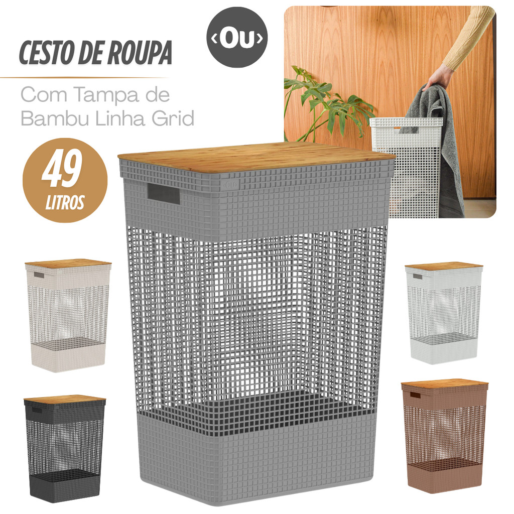Cesto de Roupa Suja Grande Tampa Bambu Grid 49L Com Tampa Cesto de Lavanderia Organizador