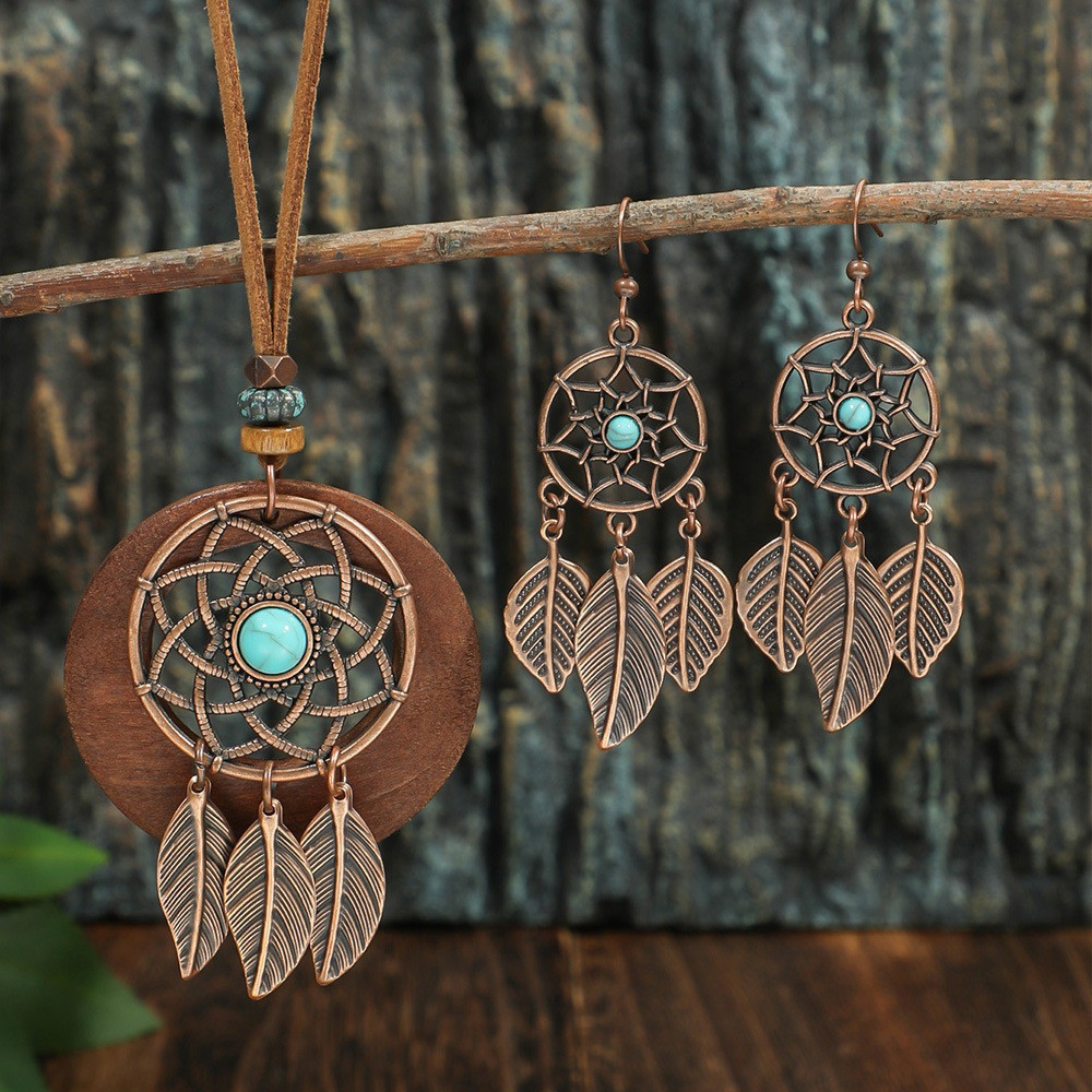 Novo Vintage Apanhador De Sonhos Pingente Conjunto De Jóias Moda Folhas Borla Contas Azuis Bohemia Feminino Oco Brincos