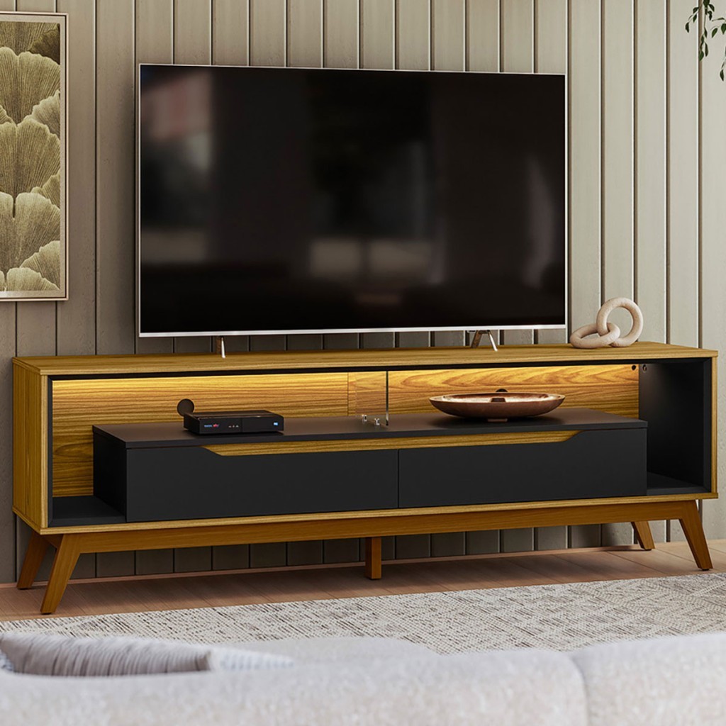 Rack para TV Até 65 Polegadas Spinello 2 Gavetas com Vidro e Led - Pnr Móveis