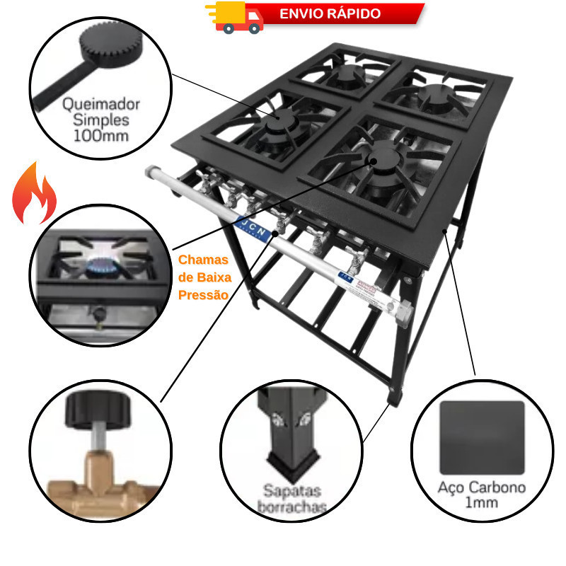 Fogão Standard Alta Pressão P5 Industrial 4 Bocas Completo JCN Para Restaurantes Cozinha Bares