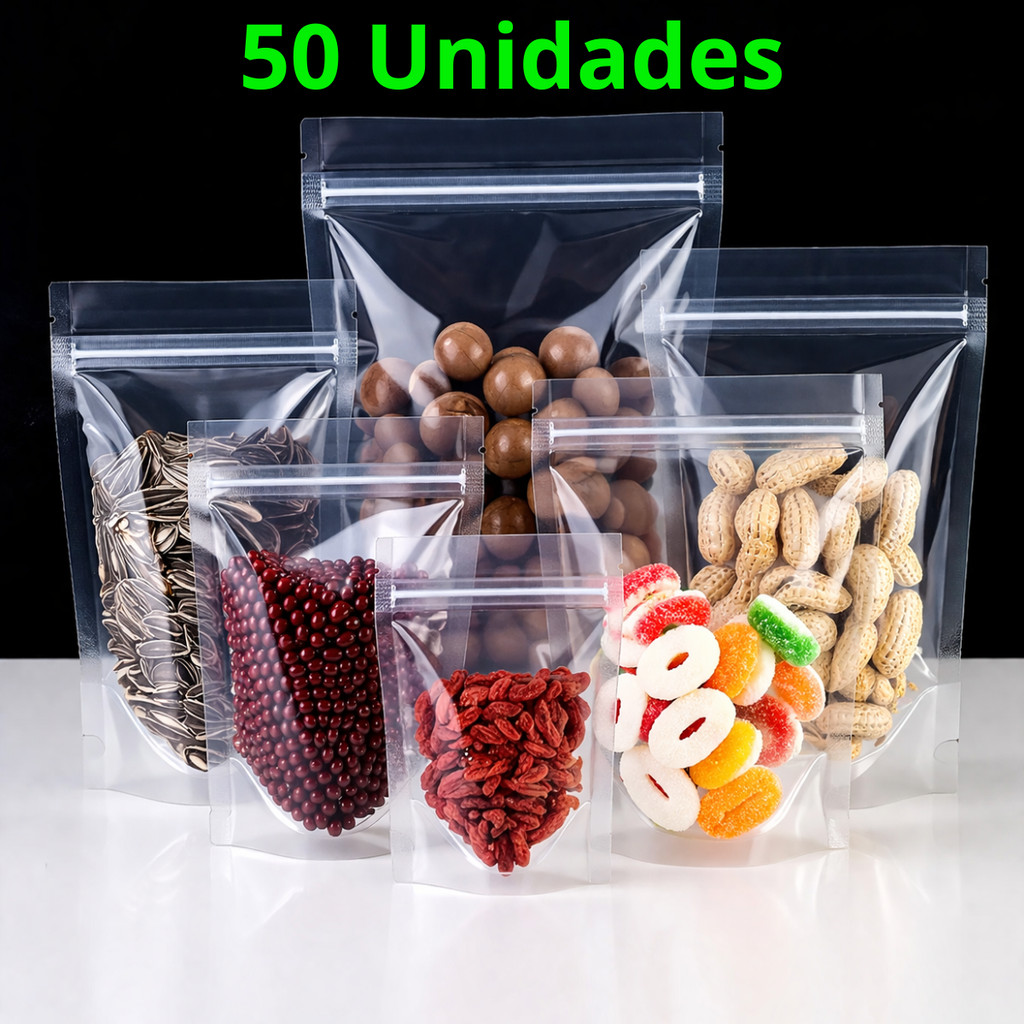 Saco Stand Up Pouch Transparente C/50 Un Zip Visor Transparente Hermético Mantimentos