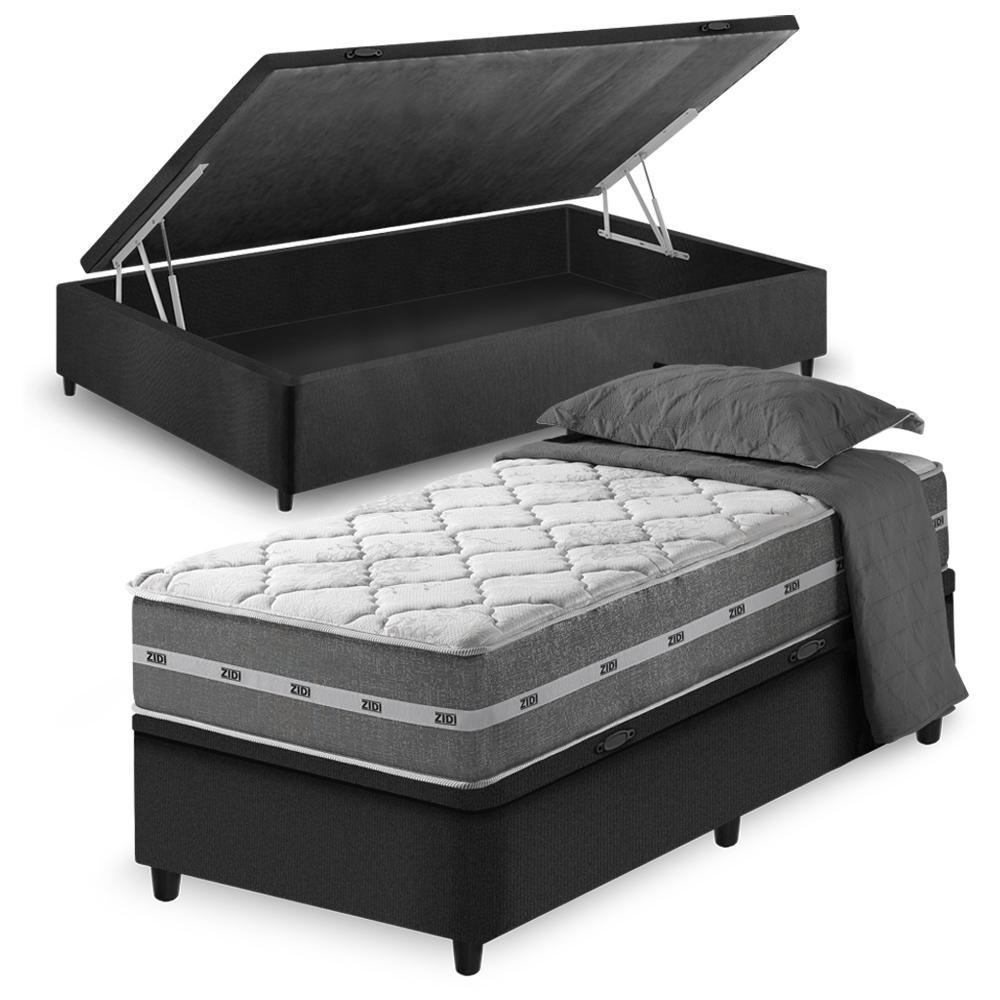 Cama Box Baú Solteiro King Preto + Colchão Molas Ensacadas Zidi Miami 96x203x64cm