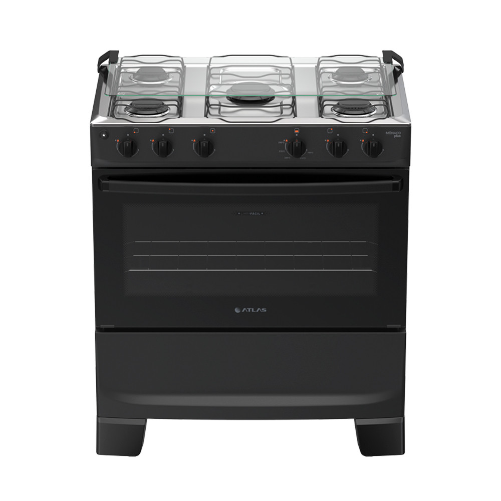 Fogão 5 Bocas à Gás Atlas Mônaco Plus Acendimento Automático e Mesa de Inox Preto Bivolt